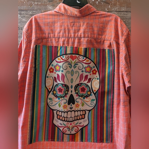 Upcycled Dip Dyed Bleached Button Down Shirt With Sugar Skull - Picture 3 of 13